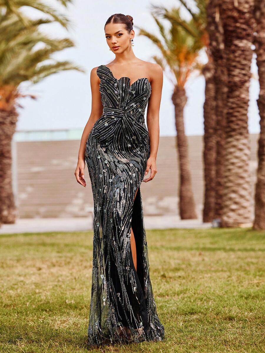 Faeriesty 女士优雅收腰无肩带开衩设计派对婚纱礼服 - 黑色 - 查看 1