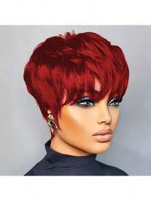 6-Inch 180% Density Layered Machine-Wefted Short Straight Pixie Wig With Bangs, Black Pixie Short Wig, 613 Red, 4 Color, Suitable For Daily Wear And Halloween Costume - Red - View 7