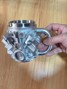1pc V6/V8 Engine Design Stainless Steel Mug, Resin Exterior With Stainless Steel Inner Layer, Functional Mug With Insulated Handle, Personalized Coffee Cup Ideal For Car Enthusiasts, Men's Travel Mug, Decorative Cup For Living Room, Halloween & Christmas Gift - Silver - View 11