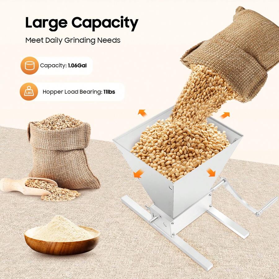 Professional Manual Grain Mill Grinder - Adjustable Carbon Steel Rollers (0-2.5mm) For Uniform Grinding, 4L Large Capacity Hopper, Hand Crank Wheat & Coffee Crusher For Home Kitchen & Brewing - 銀色 - 查看 1