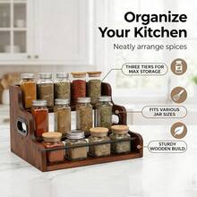 3-Tier Wooden Storage Display Rack With Handle - Polished Finish Multi-Purpose Organizer For Whiskey, Spirits, Coffee Syrup - Elegant Home Bar Countertop Decor, Kitchen Storage Rack | Wooden Display Rack | Decorative Storage, Shelves For Storage - Marrón - Ver 4