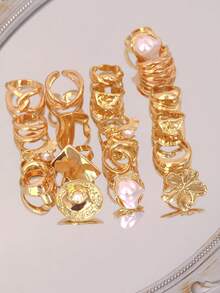 17pcs/Set Fashionable Minimalist Elegant Vintage Design Geometric Knot Flower Faux Pearl Asymmetrical Texture Criss-Cross Braided Round Hollow Square Multi-Layer Smooth Exaggerated Wide Chunky Ring Set, Suitable For Holiday, Party, Daily Wear, Gift - Yellow Gold - View 4
