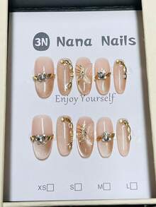 1package/10pcs-Girly Glam Nude Pink Gold Chain Floral-Crystal Wearable Nails - Party Ready - Baby Pink - View 2