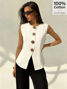 Áo nữ không tay tối giản thanh lịch màu trắng, cài cúc phía trước, chi tiết kim loại, cổ tròn, 100% cotton, thích hợp mặc đi làm hàng ngày vào mùa hè. - trắng - Xem 7