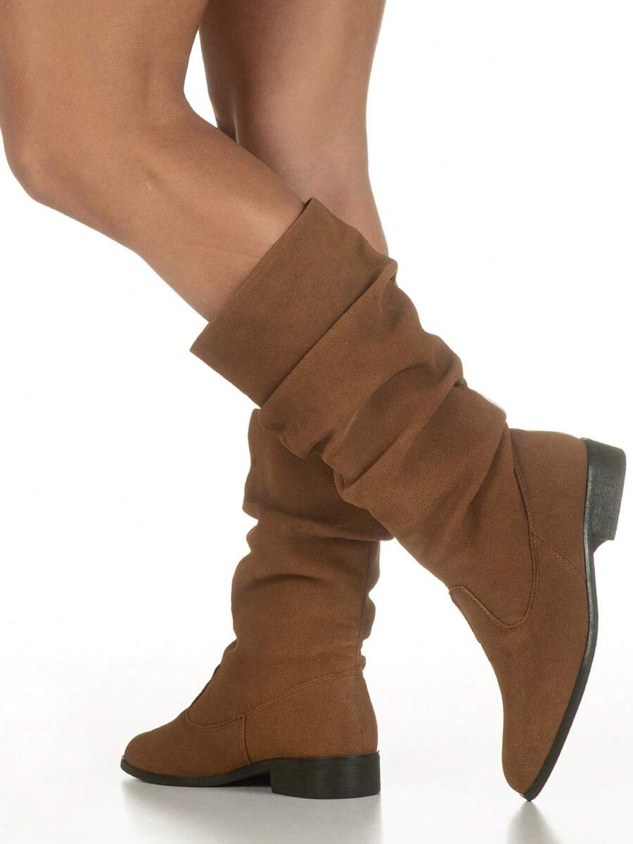 GiGiL Women's Mid-Calf Boot With Wrinkled, Gathered, Pleated Suede Detail, Low Heel, Round Toe - Camel - View 1