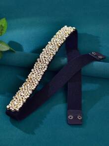 1pc Shiny Rhinestone Elastic Belt, Black Dress Waist Belt, Hidden Buckle Design, Casual Coat Sweater Waist Decoration - Black Ribbon - View 9