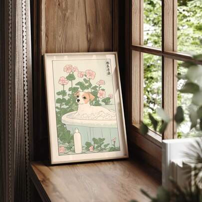 1pc Frameless Jack Russell Terrier Bathroom Art Print Japanese Retro Bathroom Decor Vintage Chic Wall Art Cute Dog Poster Minimalist Aesthetic Room Decor Funkyposters For Wall Prints For Wall Dorm Essentials College Room Decor Gift For Dog Lovers Bathroom, Apartment Home Decoration