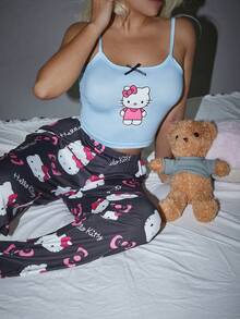 [WONDER WORLD]2pcs Hello Kitty Print Women's Camisole Crop Top + Elastic Waist Straight Pants Cute Pajama Set - Blue - View 8