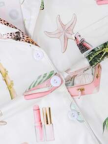 3pcs/Set Cooling Short Sleeve Pajamas, Coconut Tree, Tiger, Flamingo Vacation Print, Women Sleepwear Set, Shorts & Long Pants, Lapel Button Short Sleeve, Comfortable Loose Fit, Suitable For All Seasons, Homewear - trắng - Xem 6