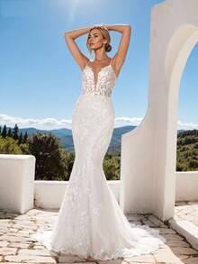 Elegant Sexy V Neck Backless Lace Applique Tulle Mermaid Wedding Dress For Bride, Off-The-Shoulder  Lace Applique Tulle Evening Party Dress Bridal Gowns,Romantic Church Ceremony Wedding Dress,Suitable For Wedding,Party,Singles' Party,Vacation,Bride,Formal Occasions,Dinner Dress,Prom Dress,Homecoming Dress,Cocktail Party - 白色 - 查看 6
