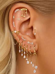 SereneSpark 1件925纯银经典几何元素立方氧化锆耳钉，平底耳骨耳廓穿孔，适合女性日常佩戴、派对、婚礼和宴会等场合。 - 金色 - 查看 2