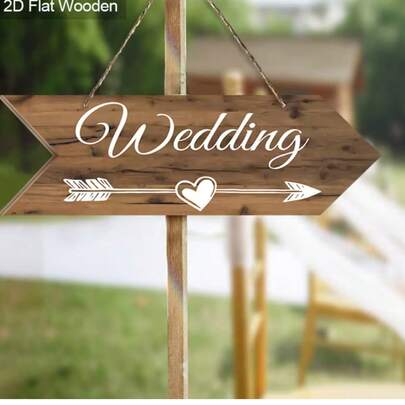 2D Flat Vintage Wooden Wedding Arrow Sign | Handcrafted Hollow "Wedding" Design With Heart And Arrow, Easy To Hang Outdoor Welcome Sign For Wedding Ceremony, Wooden Structure, Retro Style Wedding Decor