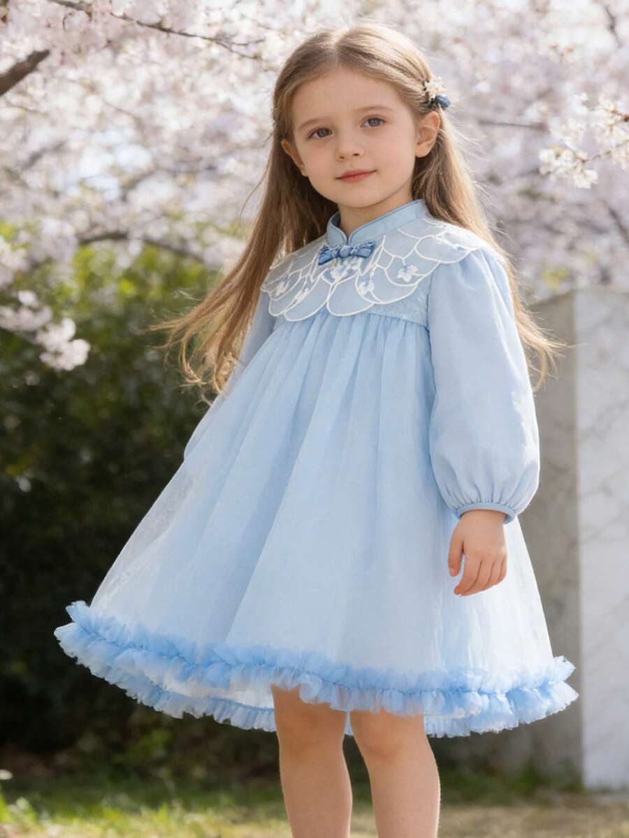 mini bala Infant Girls' Embroidered Mesh Dress, Chinese Style, Soft & Sweet, Spring 2026 Collection - Light Blue - View 1