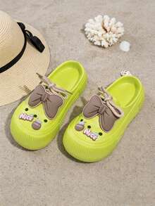 Women's Cute Bow Thick Bottom Wooden Sole Slippers, Soft Padded Closed Toe Thick Bottom Mules With Pendant Decoration, Comfortable Slip-On Casual Beach Pool Gardening Work Shoes - Green - View 5