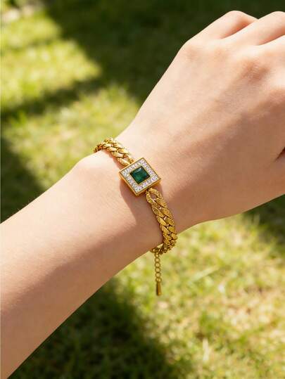 VceTd 1pc Luxury Vintage Style Emerald Green Square Chain Bracelet, Geometric Square Chain Bracelet, Unisex Jewelry For Daily Wear And Parties, All-Season Luxury Accessory, High-Quality Jewelry, Party Accessory, Modern Accessory, Sparkling Accessory