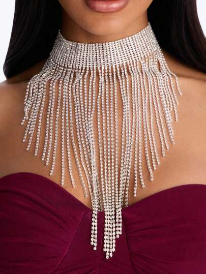 1pc Glamorous Rhinestone Tassel Necklace, Fashionable Jewelry Accessory For Brides, Weddings, Parties