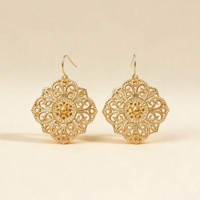 Vintage Gold Hollow Floral Pattern Earrings, Bohemian Geometric Floral Earrings, Unique Palace Style Earrings, Versatile For Daily, Date, Party, Vacation, Gift For Girlfriend, Best Friend