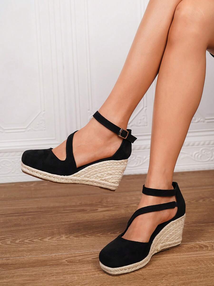 女士厚底坡跟一脚蹬鞋，女士坡跟厚底凉鞋，简约踝带草编鞋，人造革坡跟凉鞋，夏季度假黑色方头一脚蹬踝带鞋，3.15英寸鞋跟，舒适编织草镂空鞋，尺码34-43，大码及常规女鞋，女士高跟鞋，女士高跟凉鞋，女士高跟鞋，优雅女鞋