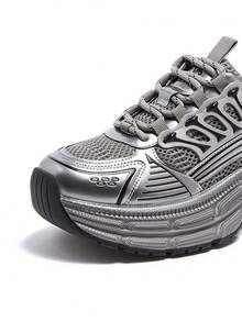 CAMEL CROWN 女士户外休闲鞋，增高复古百底厚底老款银色休闲运动鞋 - 灰/槍/黑 - 查看 3