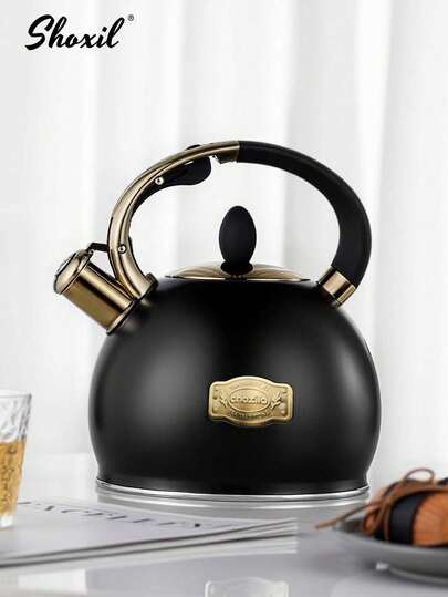shoxil 1pc 3L Stainless Steel Teapot, Coffee Pot, Choxila Logo Water Kettle, Dust-Proof Whistle Design, Heat-Resistant, Thickened Base, Golden Decorative Plate, Suitable For Home, Coffee Shop, Back To School, Saudi National Day