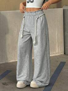 Unisex Loose Drawstring Waist Sports Pants, Relaxed Fit Solid Color Joggers, Suitable For Daily Wear, Streetwear, Workout, Home Spring - Grey - View 4