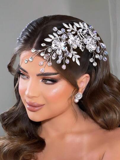 1件银色女士头饰，花朵造型发夹，水钻合金叶子发夹，新娘头饰，婚宴发饰，日常佩戴头饰，婚礼配饰，女士配饰，春夏发饰