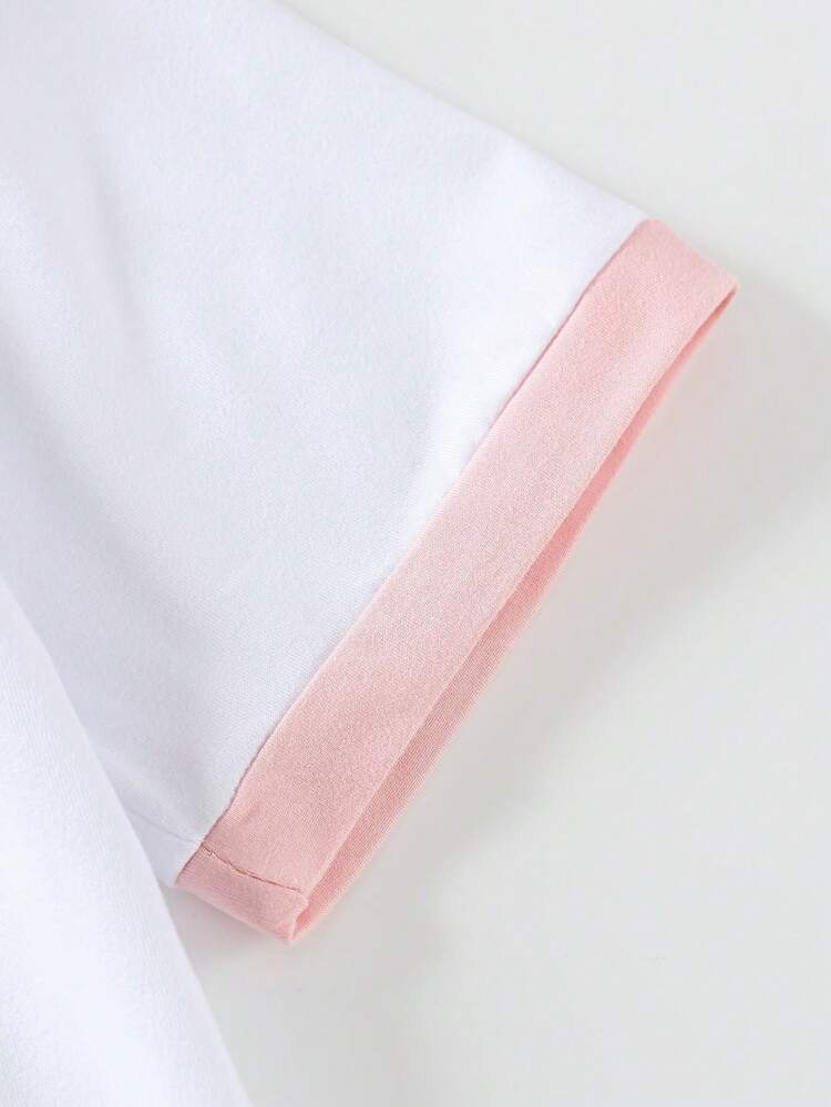 Girls' Contrast Trim Short Sleeve & Shorts 2 Pieces Set, Sweet Number 67 & Bow Print, Casual Homewear & Outdoor Wear, Summer - Multicolor - View 9