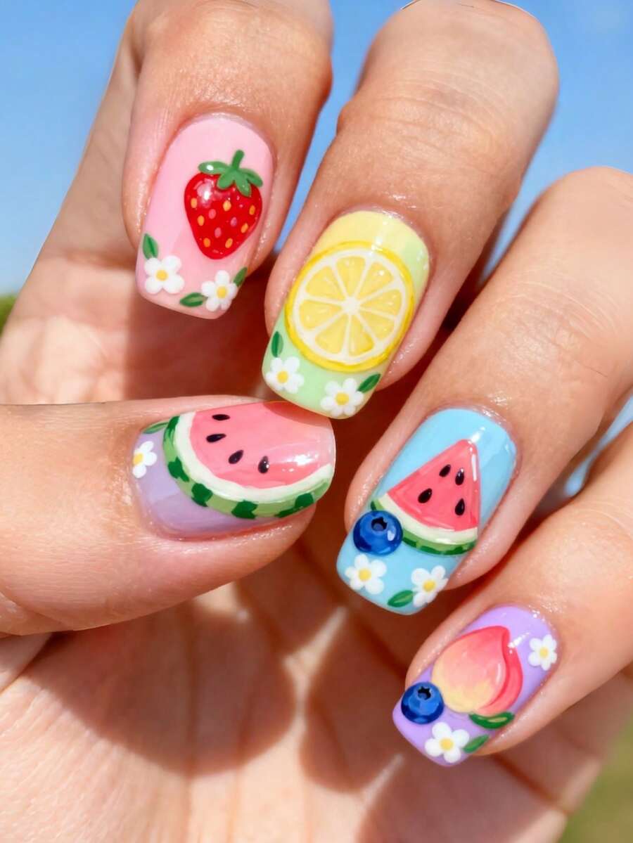 Summer Short Fruit Nail Stickers - Watermelon, Lemon, Strawberry Nail Art Decals - Multicolor - View 1