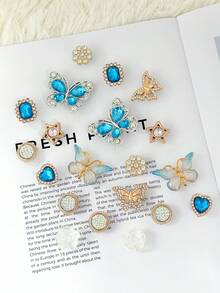 20pcs Blue & Gold Butterfly, Heart Shaped Shoe Charms, Rhinestone + Pearl Material, Luxury Sweet & Cool Style, Suitable For Hollow Out Clogs - Blue and Gold Butterfly Set - View 2