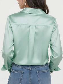 Women's Fashion Long Sleeve Shirt Collar Shirt Front Button Woven Fabric Regular Fit Blouse - Green - View 4