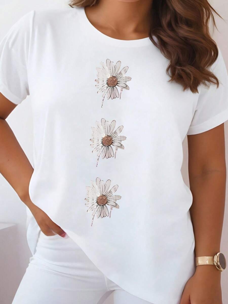 Women Soft Loo-Fit Short Sleeve T-Shirt White BeigeBrown Double Daisy Print Round Neck Blou Machine Washable Non-Sheer Casual Summer Spring Fall Layering Top Loo Tunic Shirt No Lining For Casual Attire Transitional - 白色 - 查看 1