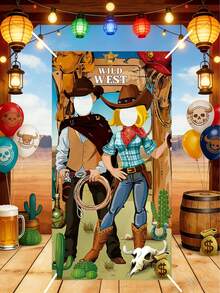1pc Wild West Themed Door Curtain, Photo Backdrop, Fun Photo Frame Banner Photo Booth Prop Wild West Selfie, Welcome Porch Banner Wild West Cowboy Party Decoration, Cowboy Hat Pattern Vinyl Hanging Banner Suitable For Birthday, Wild West Cowboy Background Hanging Decor, Perfect For Wild West Birthday Game Party, Vintage Country Decor, Photo Booth Prop, Holiday Decoration, Outdoor Decoration, Hanging Decor, Party Favor - Western Cowboy - View 4