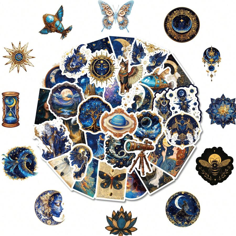 50pcs Retro Gold Greek Moon & Star Mythology Stickers, Waterproof Decorative Stickers Suitable For Laptop, Water Bottle, Phone Case - Royal Blue - View 1