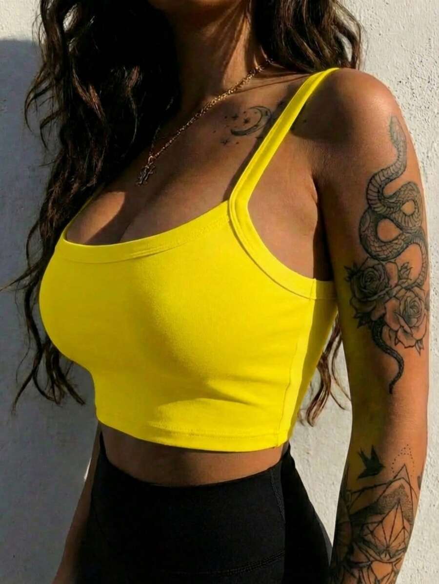 女士纯色宽肩带休闲背心，春夏日常穿搭必备，百搭单品，适合度假、夏季穿着，无袖上衣 - 黃色 - 查看 1