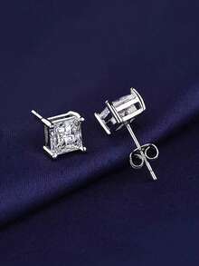 CVNANA 2pcs Hip Hop Style Men's Square Diamond Stud Earrings With Geometric Design - Silver - View 1