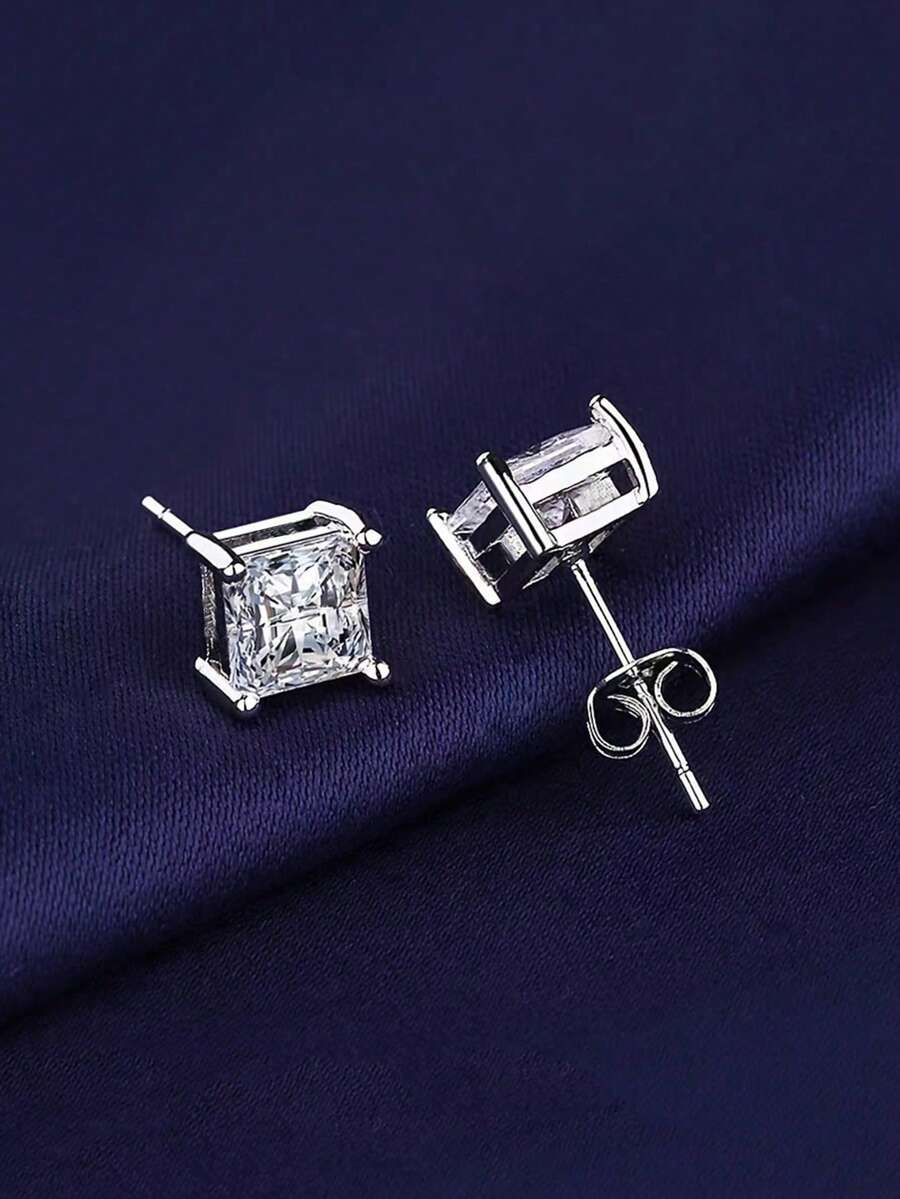 CVNANA 2pcs Hip Hop Style Men's Square Diamond Stud Earrings With Geometric Design - Silver - View 1
