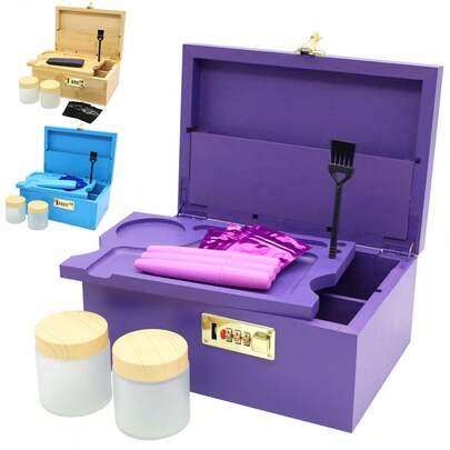 1 Set, Premium Bamboo Storage Box Set. 3 Color Options (Purple, Blue, Brown). Lock Design, Secure Storage. Includes Assorted Smoking Accessories: Bamboo Tray, 2 Storage Jars, 3-Hole Storage Tube, Brush And Sealable Bag. Household Tools, Smoking Accessories. Multi-Purpose Use, Large Storage Space. Birthday Gift. Holiday Gift.