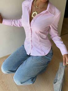 Áo sơ mi dài tay kẻ sọc buộc dây phía sau phong cách Y2K mùa hè dành cho nữ của Sunny Girly, kiểu dáng preppy màu hồng, phù hợp cho công sở, dạo phố và đi làm. - Hồng - Xem 7