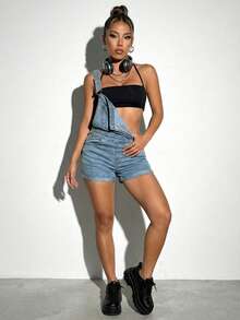 Women's High Waisted Denim Overall Shorts - Light Wash Slim Fit Dungarees Soho Minimalist Aesthetic - 中等水洗藍 - 查看 3