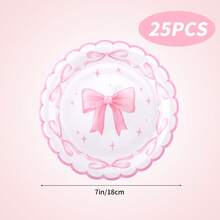 25pcs Bow Dessert Plates, Pink Theme Tableware With Napkins For Special Events - Pink - View 8