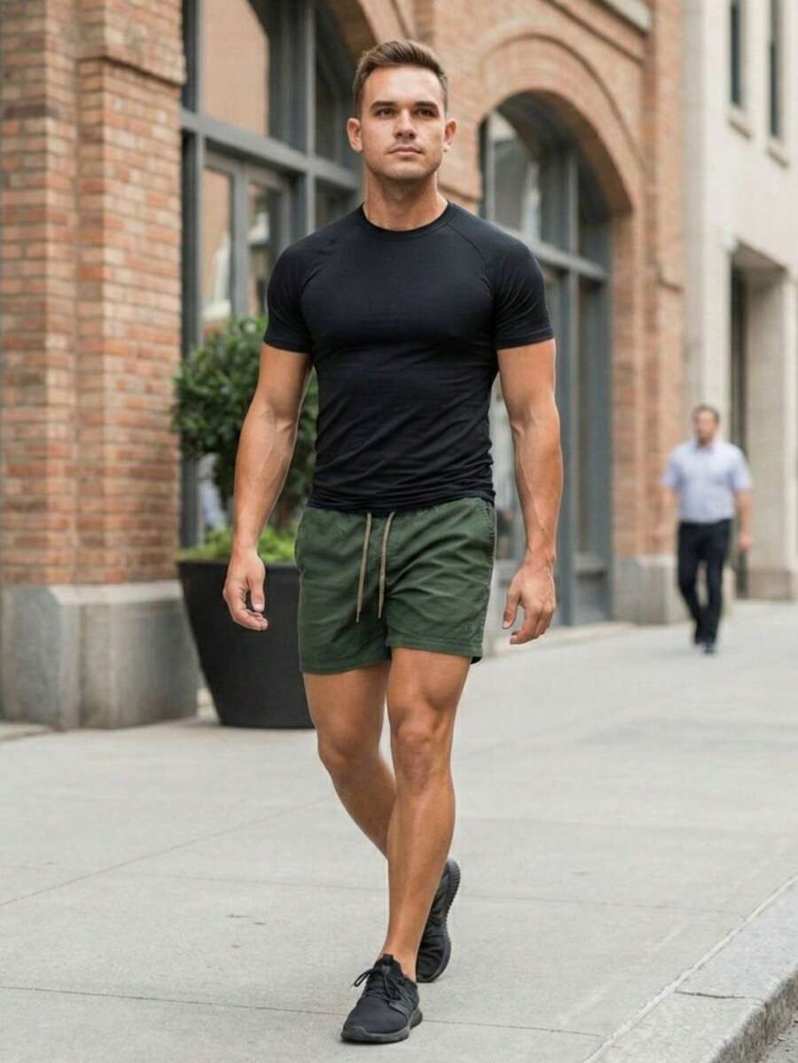 Men's Bermuda Shorts In Twill Fabric With Elastic Waistband - màu xanh lá - Xem 1