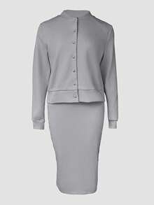 ChicMe 2pcs Women's U-Neck Open Back Fitted Knit Dress & Pearl Button Front Casual Ribbed Baseball Jacket Set, Suitable For Daily Office Wear - Grey - View 6