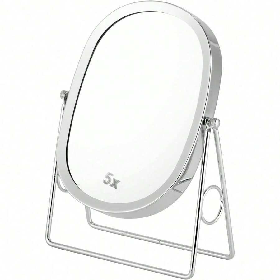 Tabletop 5x/1x Magnifying Makeup Mirror With Squared Bamboo Tray Small Desk Mirror 360° Rotation Vanity Mirror With Stand Desktop Cosmetic Mirror - Chrome - View 1