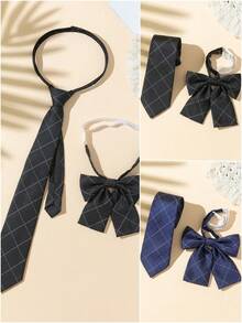 2pcs Classic All-Season Versatile Collegiate & Streetwear Style Shirt Accessories Set: Plaid Tie & Lapel Flower - Multicolor - View 8