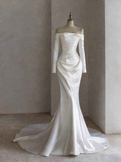 Exquisite Boat Neck Wedding Dress with Exposed Shoulder Long Sleeves and Open Back in Satin – Sophisticated Floor-Length A-Line Gown Featuring a Graceful Wide Neckline, Full-Length Sleeves with Shoulder Cutout, Daring Rear Cutout, and Lustrous Satin Silhouette, Perfect for Weddings, Christmas Galas, Halloween Balls, Formal Dances, Birthday Celebrations, and Special Evening Events. A Timeless Choice for Wedding Receptions, Holiday Parties, Anniversary Dinners, Luxury Getaways, Black-Tie Occasions, Cocktail Gatherings, Bridal Showers, Wedding Guest Attire, Graduation Formals, Homecoming Events, and as a Timeless Bridesmaid or Festive Evening Gown.