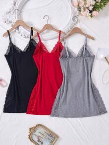 3pcs Women's Solid Color Lace Nightgown Set Features A Sexy Loungewear Style With A Side Slit And A Bow-Decorated Slip Dress. Made Of Soft And Comfortable Fabric, It Makes A Romantic Valentine's Day Gift. - Nhiều màu - Xem 2