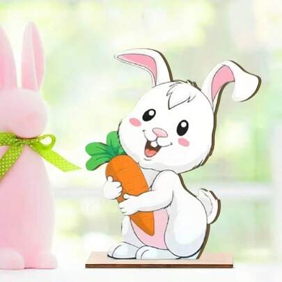 1pc Easter Bunny Holding Carrot Wooden Desktop Decor, Designed With Cute White Rabbit Hugging Carrot, Playful Style And Fresh Colors. Suitable For Easter, Spring-Themed Parties, Can Be Placed In Living Room, Dining Table, Entryway, Kids Room, Also Applicable For Home, Party, And Store Decoration, Stable Placement And Fine Texture, Versatile Decor To Create Warm And Playful Easter Atmosphere, Suitable For Home Decoration