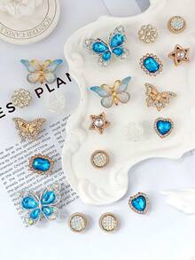 20pcs Blue & Gold Butterfly, Heart Shaped Shoe Charms, Rhinestone + Pearl Material, Luxury Sweet & Cool Style, Suitable For Hollow Out Clogs - Blue and Gold Butterfly Set - View 7
