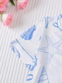 Bộ đồ ngủ trẻ em mùa hè kiểu dáng đại dương, chống cháy, gồm 2 món: áo khoác cardigan tay ngắn cổ bẻ và quần short cạp chun rộng rãi, nền trắng phối họa tiết đại dương xanh và vỏ sò, bộ đồ ngủ mặc nhà thoải mái, rộng rãi cho trẻ lớn. - trắng - Xem 6