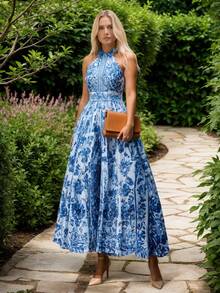 New Women's Casual Blue Printed Dress, Round Neck, Sleeveless A-Line Silhouette, Elegant Long Dress, Women's Spring/Summer Clothing. - 藍色 - 查看 3
